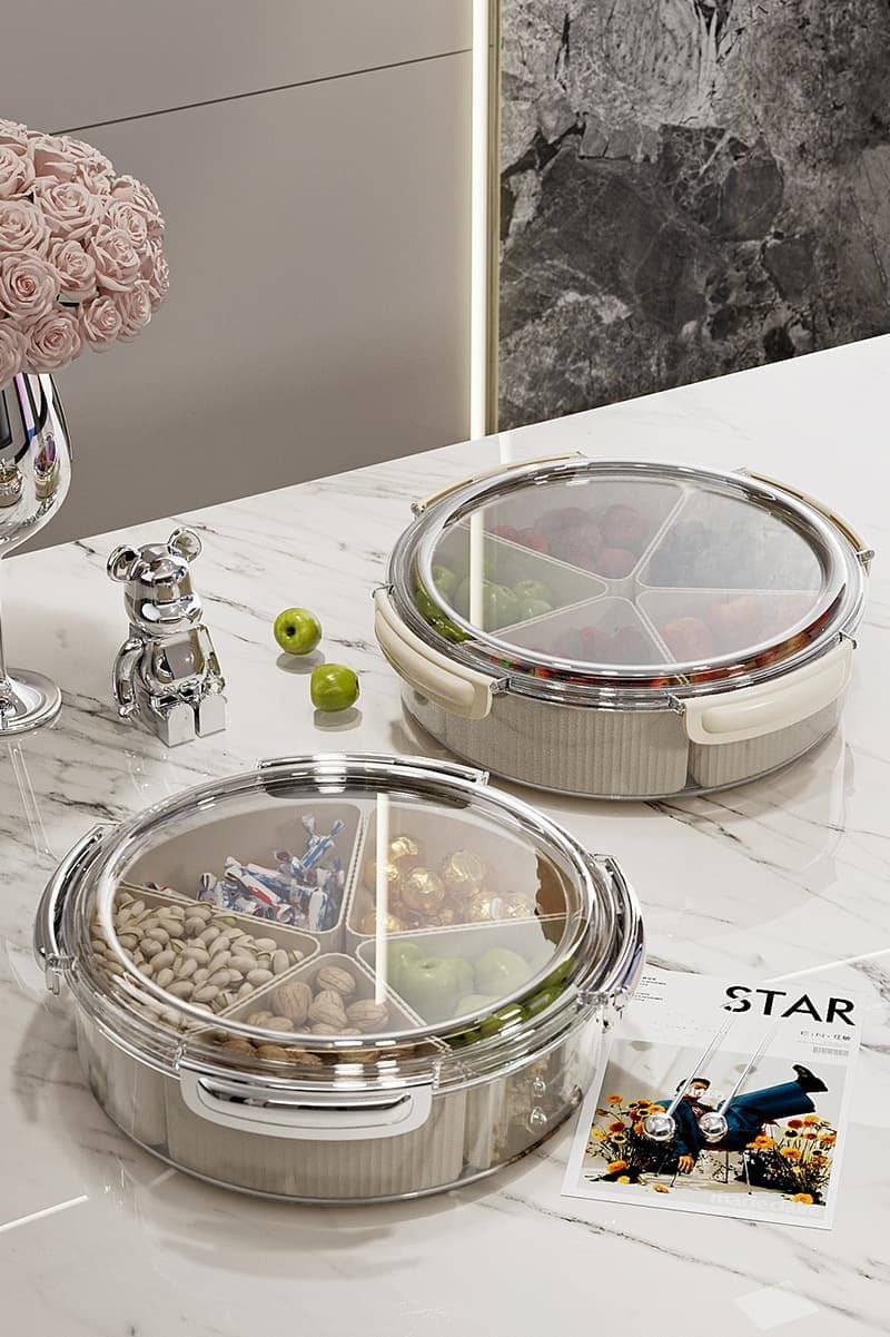 Beige And Silver Snap Button Elegant Compartment Serving Tray with Lid - Versatile Snack, Fruit & Candy Box - V888-Elosung27101 V888 ELOSUNG27101 202504221136 03