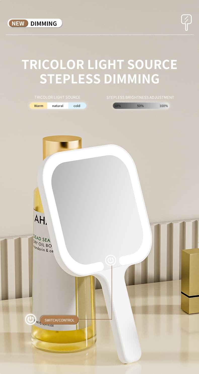 Light Yellow Round Portable Handheld LED Makeup Mirror - USB-C Rechargeable with 3 Color Light Modes for On-The-Go Touch-Ups - V888-Elosung27718 V888 ELOSUNG27718 202505151616 03