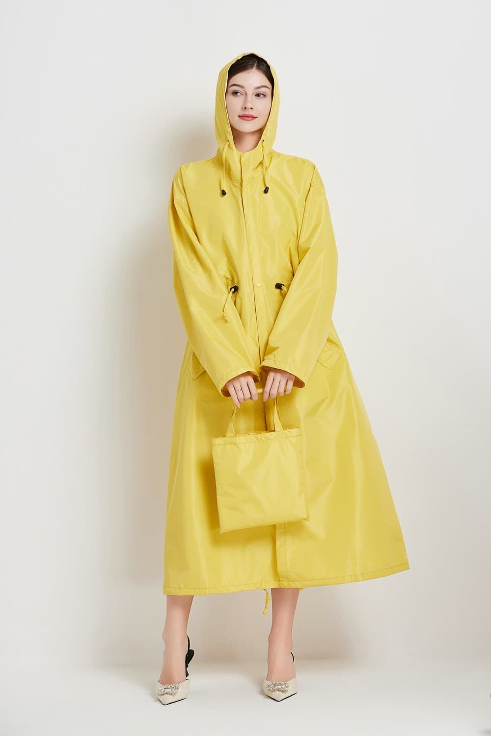 Size M Yellow Women's Chic Lightweight Waterproof Raincoat - Long Hooded Packable Rain Jacket with Pouch - V888-Elosung32643 V888 ELOSUNG32643 202506241120 00