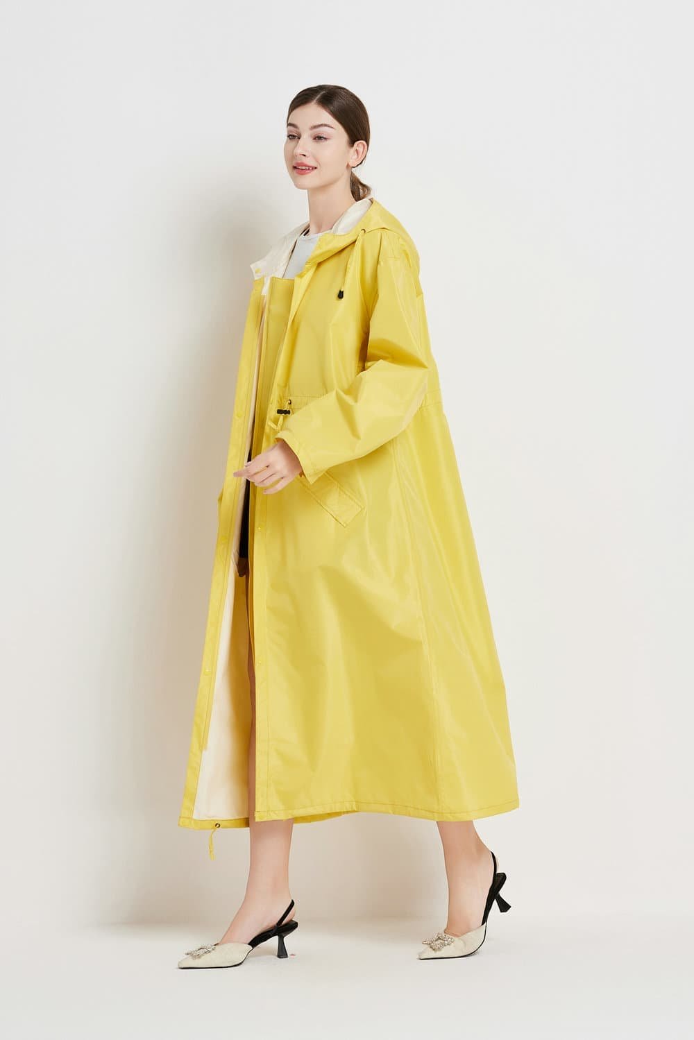 Size M Yellow Women's Chic Lightweight Waterproof Raincoat - Long Hooded Packable Rain Jacket with Pouch - V888-Elosung32643 V888 ELOSUNG32643 202506241120 03
