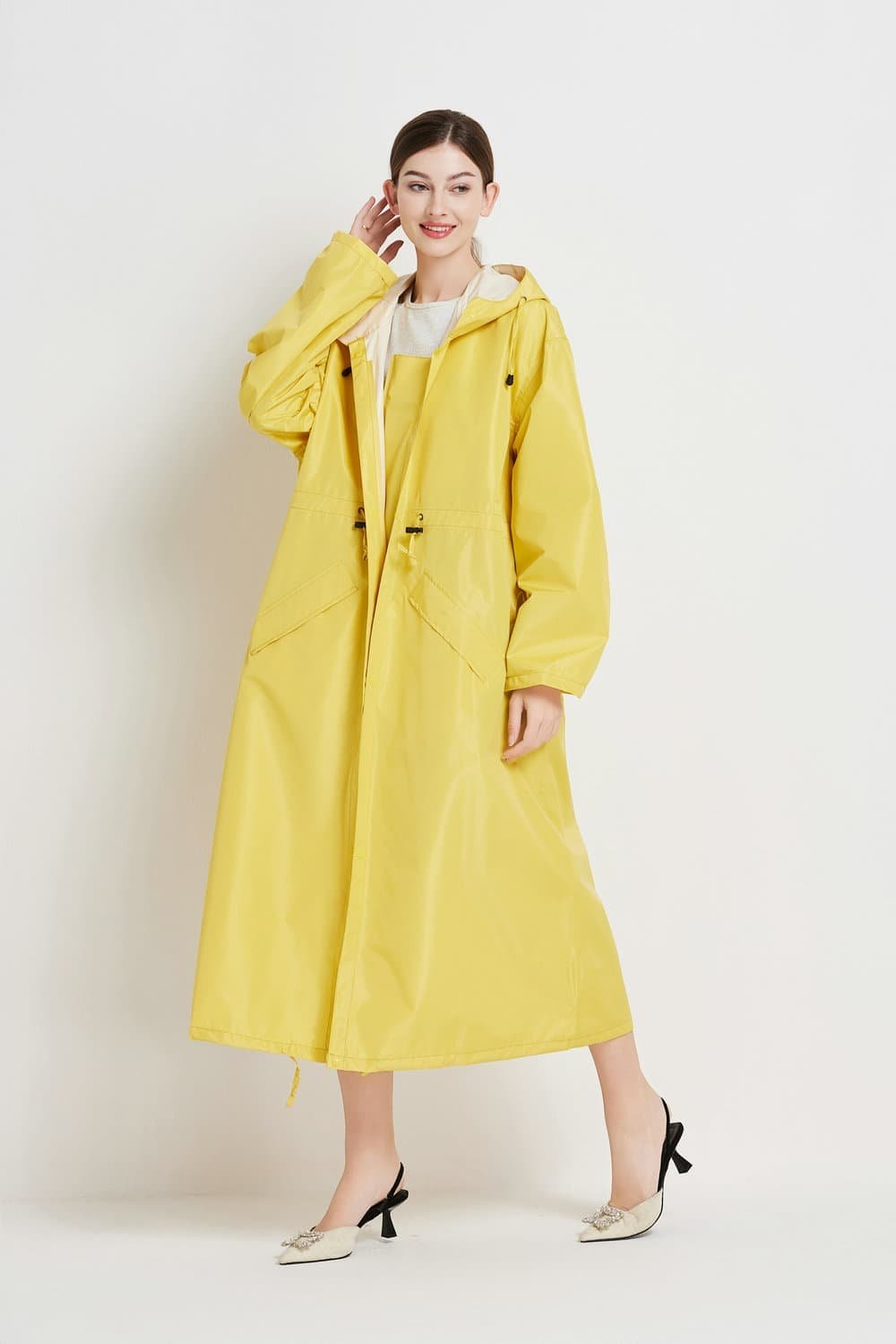 Size L Yellow Women's Chic Lightweight Waterproof Raincoat - Long Hooded Packable Rain Jacket with Pouch - V888-Elosung32644 V888 ELOSUNG32644 202506241120 02