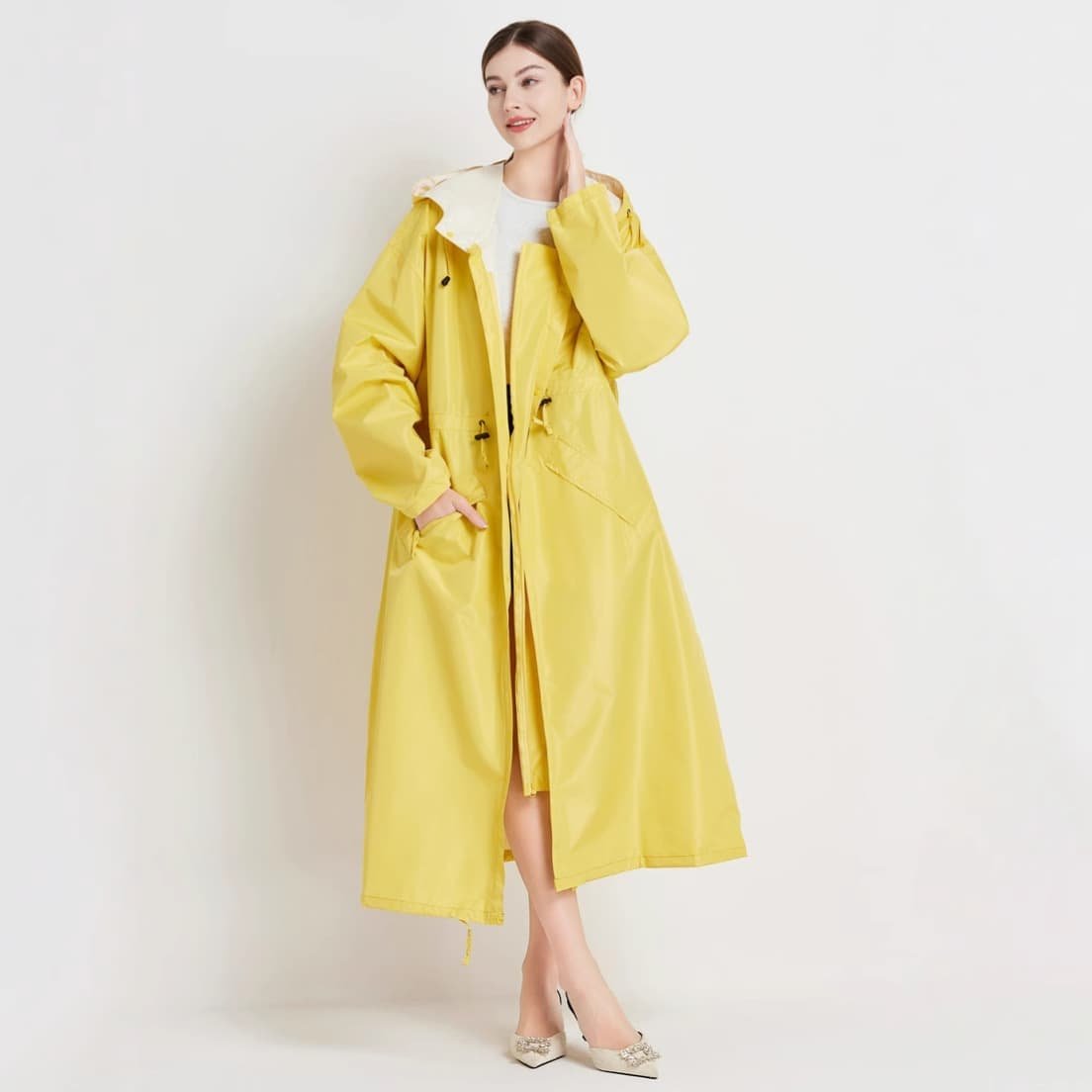 Size L Yellow Women's Chic Lightweight Waterproof Raincoat - Long Hooded Packable Rain Jacket with Pouch - V888-Elosung32644 V888 ELOSUNG32644 202506241120 04