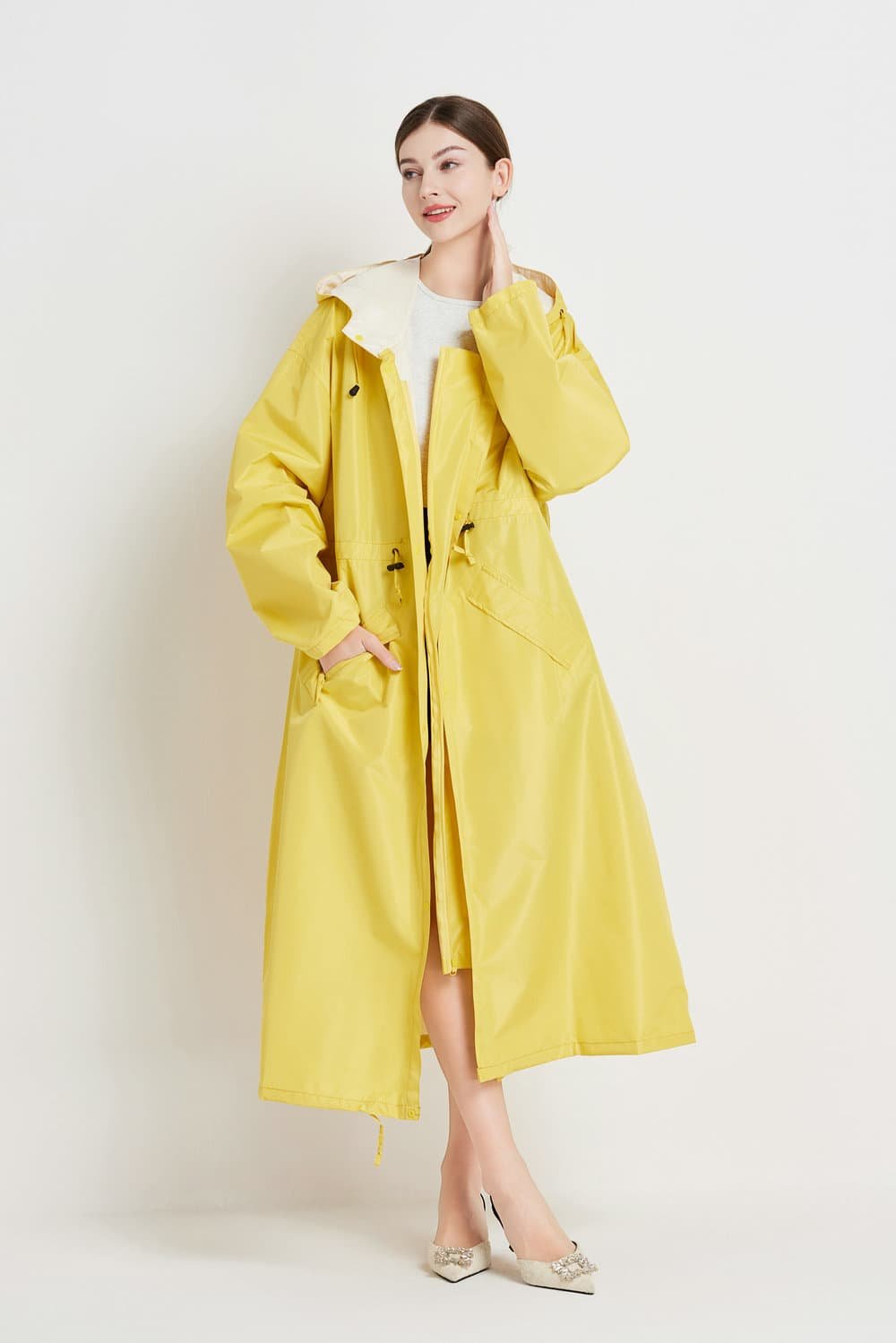 Size XL Yellow Women's Chic Lightweight Waterproof Raincoat - Long Hooded Packable Rain Jacket with Pouch - V888-Elosung32645 V888 ELOSUNG32645 202506241121 01