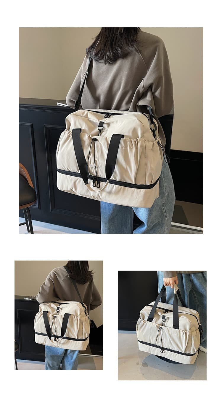 Beige and Black Large Capacity Travel Bag with Wet/Dry Separation - Canvas + Polyester, Lightweight Handbag for Short Trips and Fitness, Fits on Luggage - V888-Elosung32657 V888 ELOSUNG32657 202506241136 02