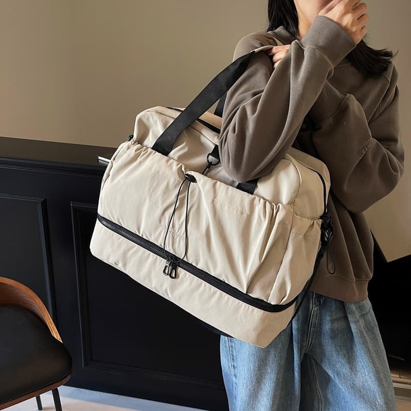 Beige and Black Large Capacity Travel Bag with Wet/Dry Separation - Canvas + Polyester, Lightweight Handbag for Short Trips and Fitness, Fits on Luggage - V888-Elosung32657 V888 ELOSUNG32657 202506241136 05