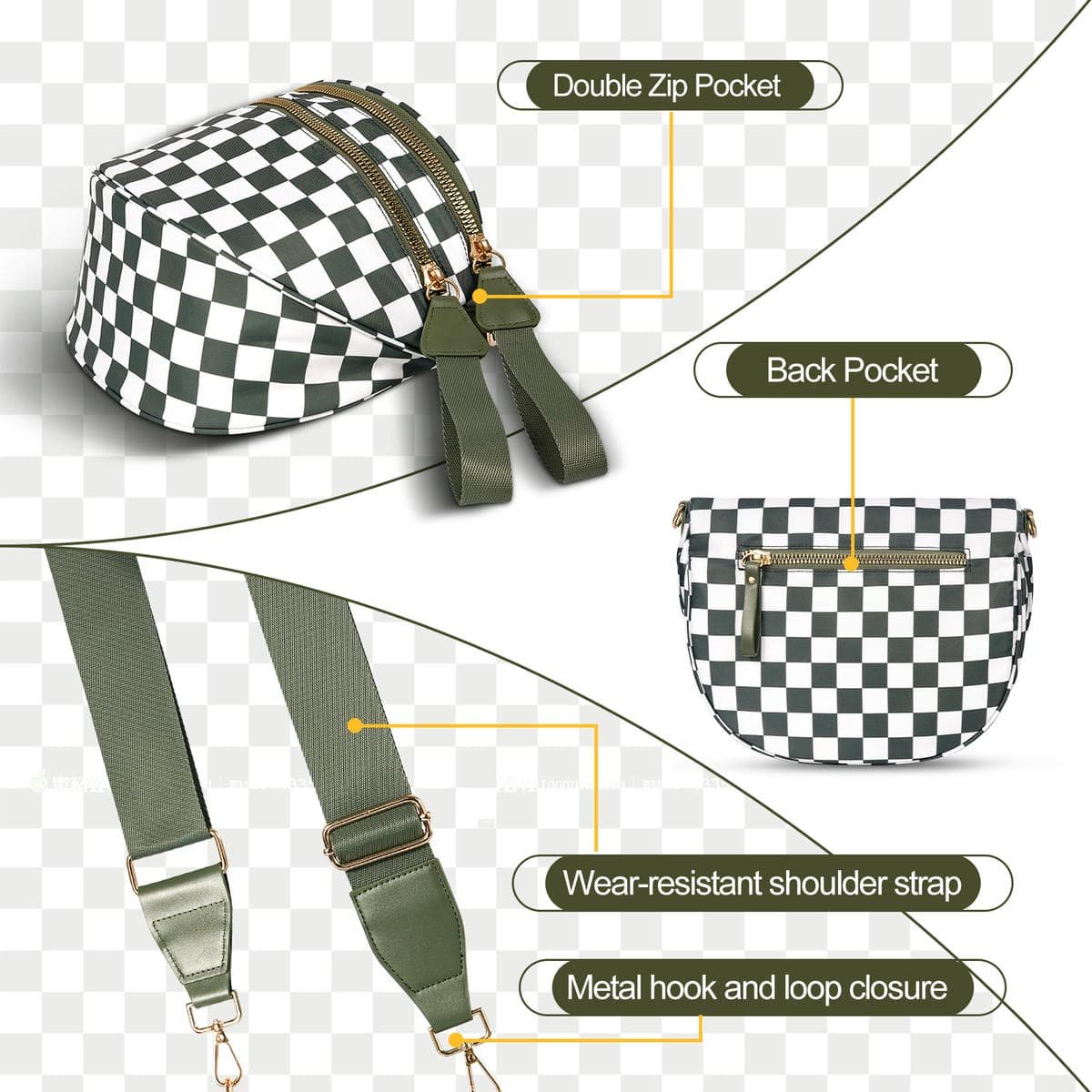 Light Brown Checkered Trendy Sling Bag - Women's Crescent Crossbody Purse with Wide Adjustable Strap - V888-Elosung33479 V888 ELOSUNG33479 202506241153 02