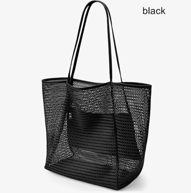 Black Large Mesh Beach Tote Bag - Lightweight & Foldable Shoulder Bag with Secure Zipper Pocket - V888-Elosung34134 V888 ELOSUNG34134 202506101837 00