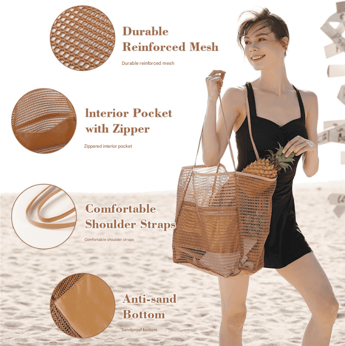 Black Large Mesh Beach Tote Bag - Lightweight & Foldable Shoulder Bag with Secure Zipper Pocket - V888-Elosung34134 V888 ELOSUNG34134 202506101837 01