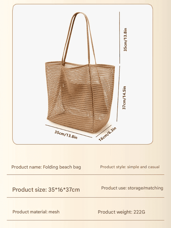Beige Large Mesh Beach Tote Bag - Lightweight & Foldable Shoulder Bag with Secure Zipper Pocket - V888-Elosung34135 V888 ELOSUNG34135 202506101838 03
