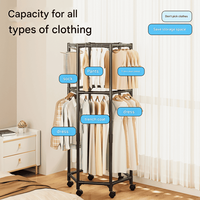 Black double layer 360° Rotating Portable Garment Rack - Heavy Duty Rolling Clothes Stand with Wheels for Bedroom & Laundry - V888-Elosung34607 V888 ELOSUNG34607 202508071510 01