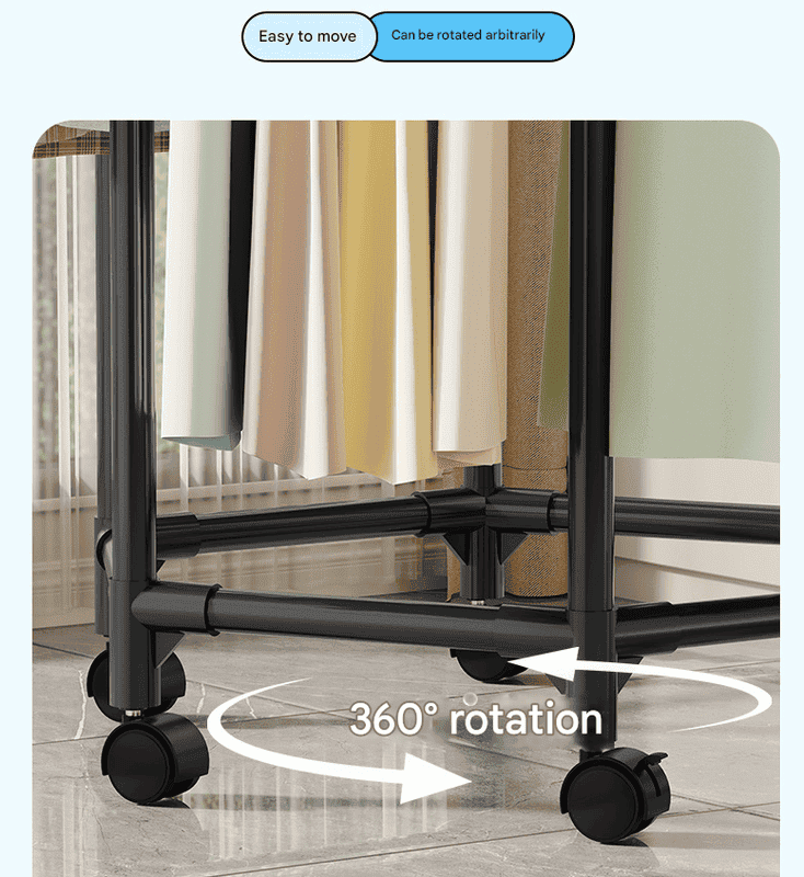 Black double layer 360° Rotating Portable Garment Rack - Heavy Duty Rolling Clothes Stand with Wheels for Bedroom & Laundry - V888-Elosung34607 V888 ELOSUNG34607 202508071510 03