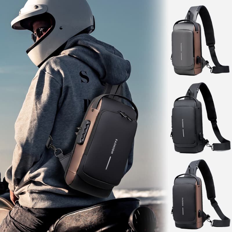 Grey and Brown Men's Anti-Theft Crossbody Sling Bag with USB Charging Port & Combination Lock - V888-Elosung36008 V888 ELOSUNG36008 202507211312 01