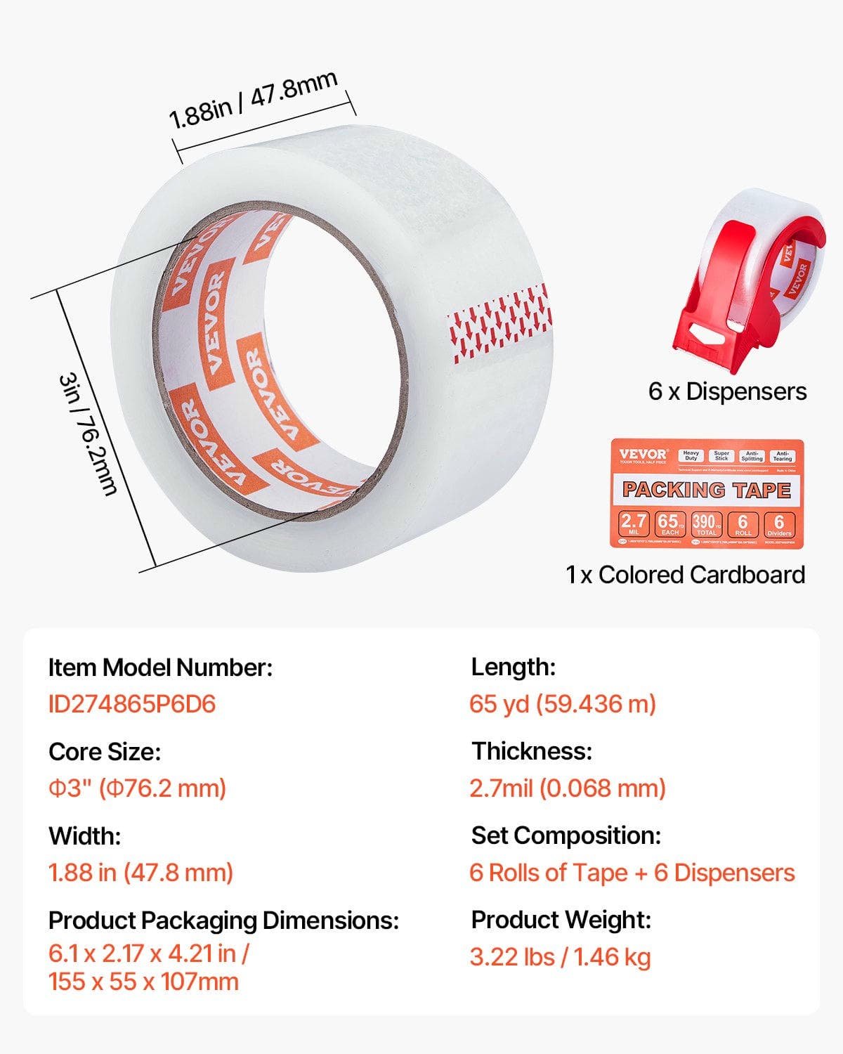 Packing Tape 6 Rolls 65 Yards Clear Shipping Tape with Dispenser 2.7 Mil - V952-3YCXFXJDTM6G2L8SQV0 V952 3YCXFXJDTM6G2L8SQV0 202507141436 06