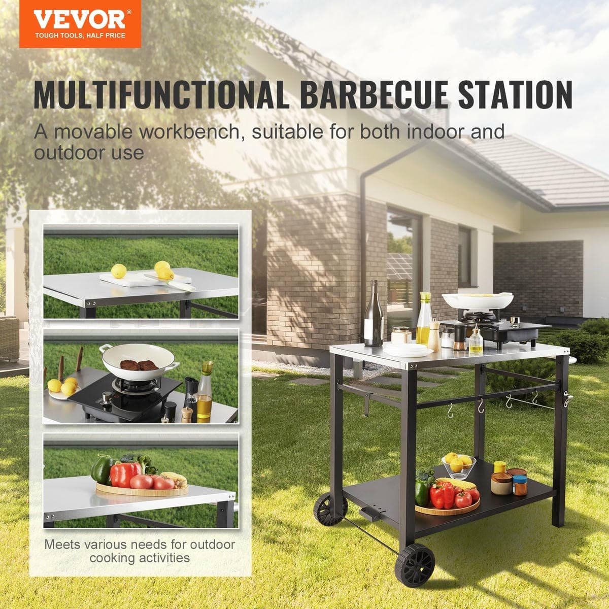 Outdoor Grill Dining Cart with Double-Shelf, 85*55cm BBQ Movable Food Prep Table, Multifunctional Stainless Steel Table Top, Portable Modular Carts for Pizza Oven, Worktable with 2 Wheels, Carry Handle - V952-JSHWBCTC855512MJNV0 V952 JSHWBCTC855512MJNV0 202508011547 01