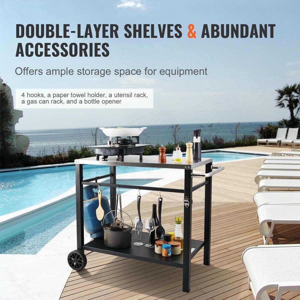 Outdoor Grill Dining Cart with Double-Shelf, 85*55cm BBQ Movable Food Prep Table, Multifunctional Stainless Steel Table Top, Portable Modular Carts for Pizza Oven, Worktable with 2 Wheels, Carry Handle - V952-JSHWBCTC855512MJNV0 V952 JSHWBCTC855512MJNV0 202508011547 03