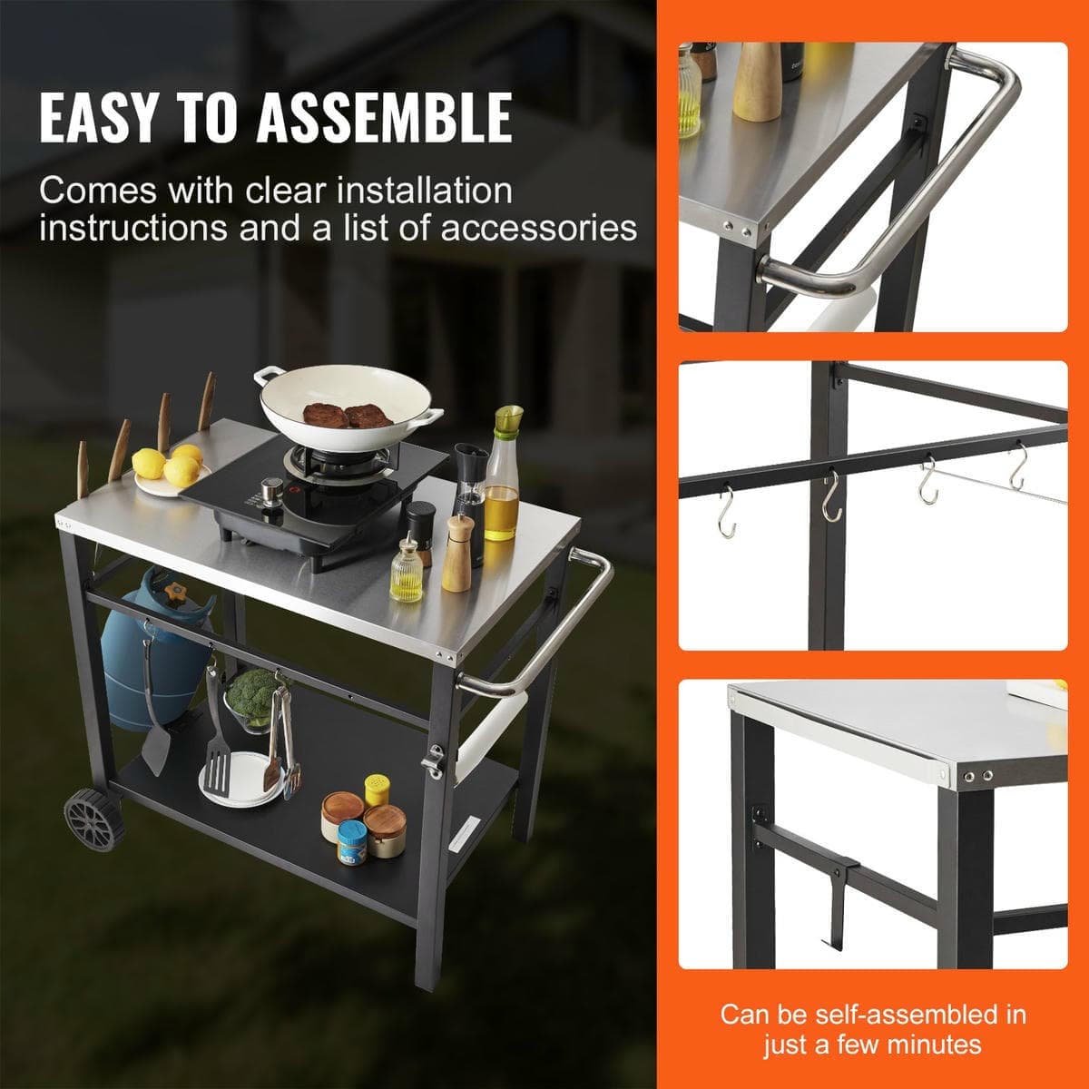 Outdoor Grill Dining Cart with Double-Shelf, 85*55cm BBQ Movable Food Prep Table, Multifunctional Stainless Steel Table Top, Portable Modular Carts for Pizza Oven, Worktable with 2 Wheels, Carry Handle - V952-JSHWBCTC855512MJNV0 V952 JSHWBCTC855512MJNV0 202508011547 05