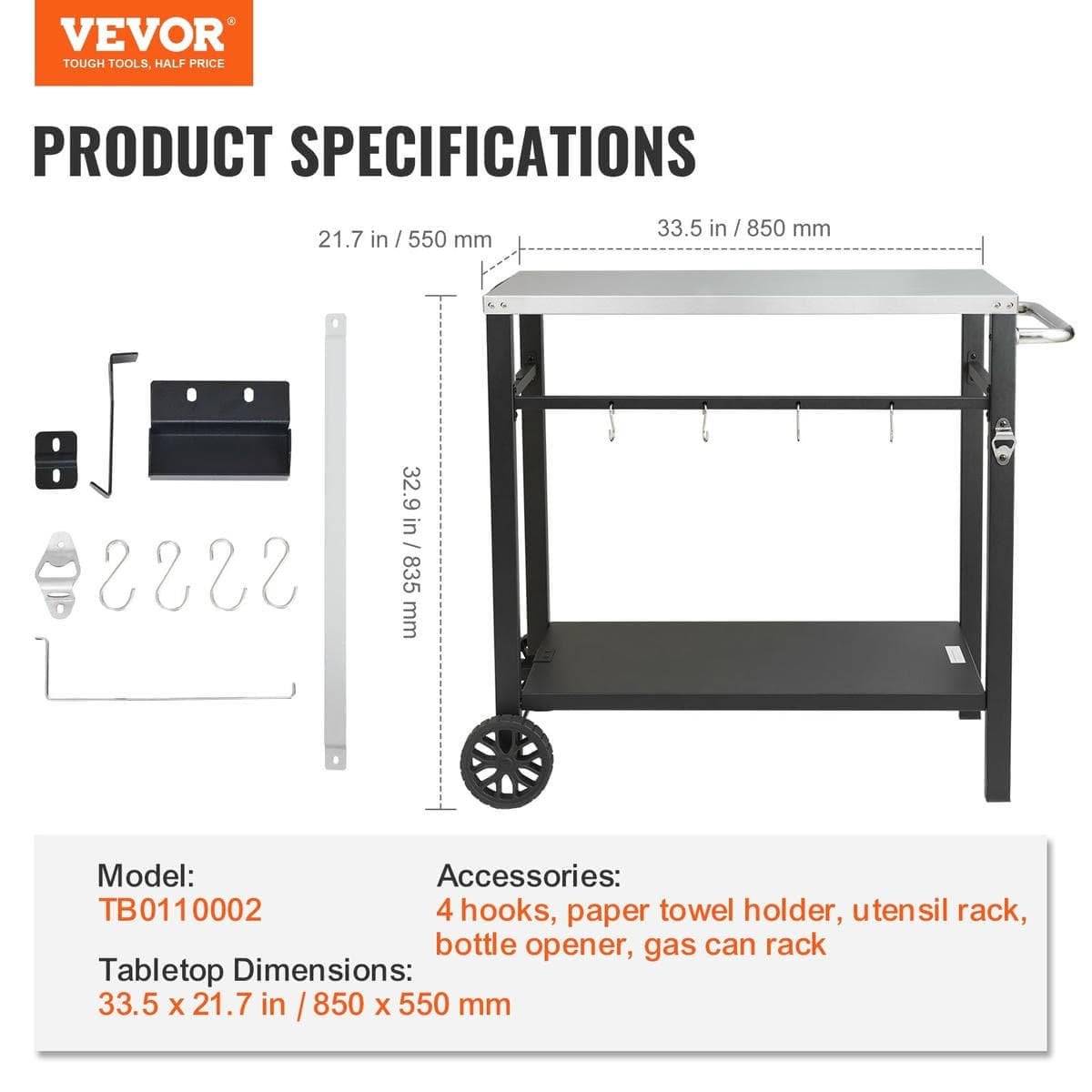 Outdoor Grill Dining Cart with Double-Shelf, 85*55cm BBQ Movable Food Prep Table, Multifunctional Stainless Steel Table Top, Portable Modular Carts for Pizza Oven, Worktable with 2 Wheels, Carry Handle - V952-JSHWBCTC855512MJNV0 V952 JSHWBCTC855512MJNV0 202508011547 06