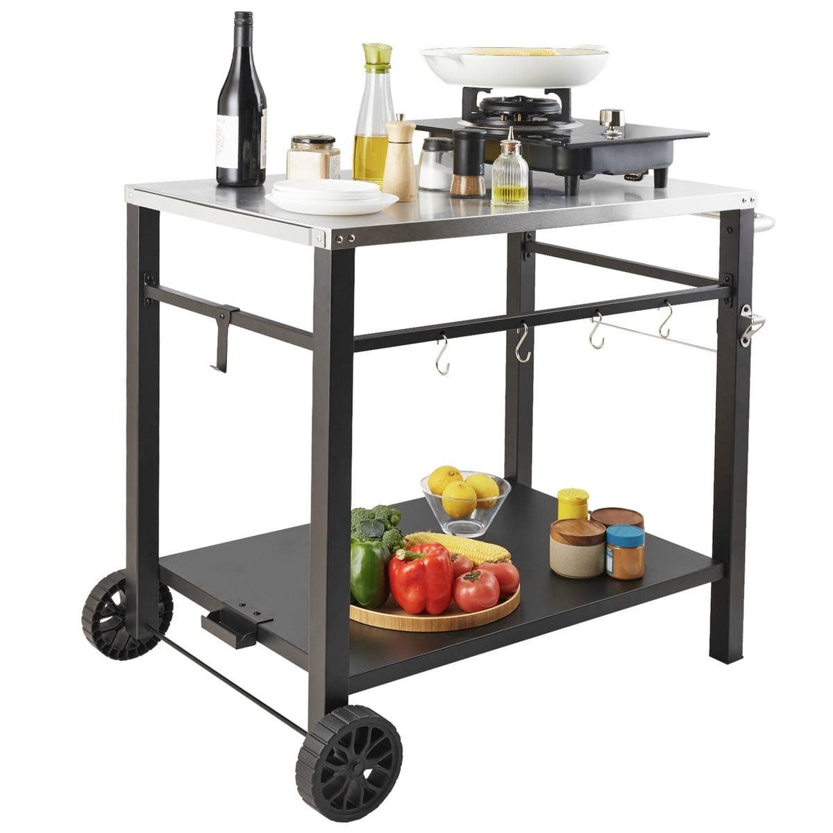 Outdoor Grill Dining Cart with Double-Shelf, 85*55cm BBQ Movable Food Prep Table, Multifunctional Stainless Steel Table Top, Portable Modular Carts for Pizza Oven, Worktable with 2 Wheels, Carry Handle - V952-JSHWBCTC855512MJNV0 V952 JSHWBCTC855512MJNV0 202508011547 08