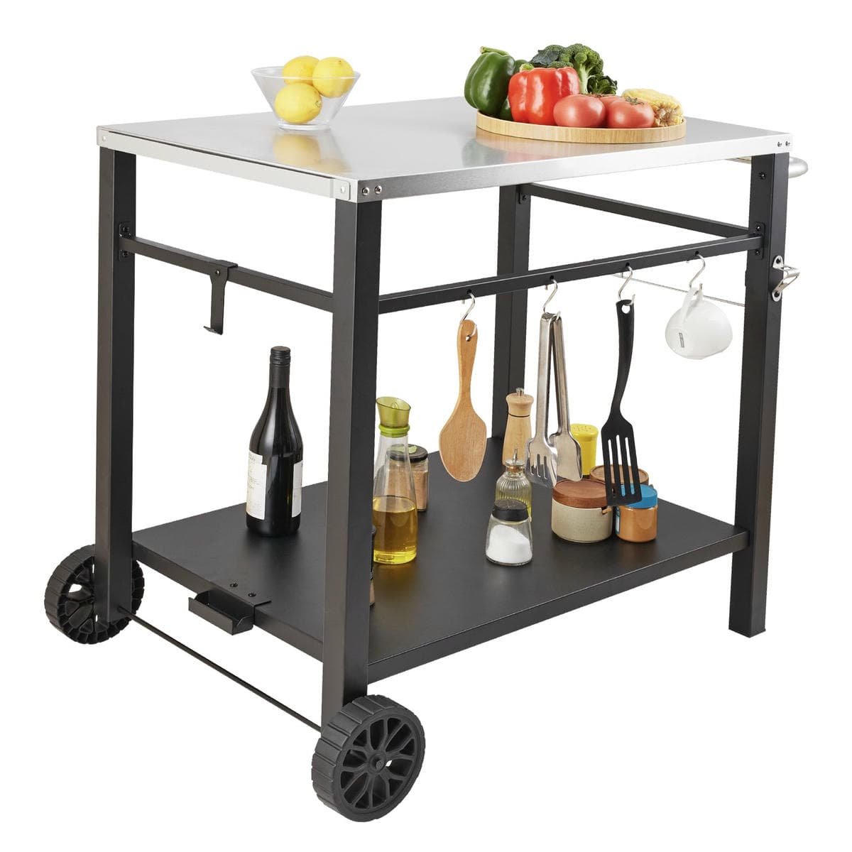Outdoor Grill Dining Cart with Double-Shelf, 85*55cm BBQ Movable Food Prep Table, Multifunctional Stainless Steel Table Top, Portable Modular Carts for Pizza Oven, Worktable with 2 Wheels, Carry Handle - V952-JSHWBCTC855512MJNV0 V952 JSHWBCTC855512MJNV0 202508011547 09