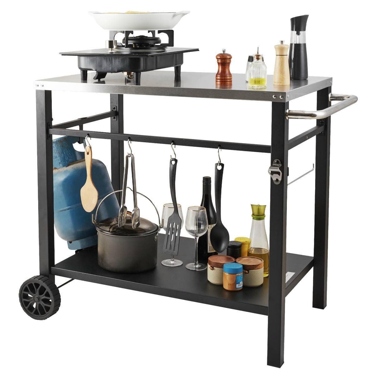 Outdoor Grill Dining Cart with Double-Shelf, 85*55cm BBQ Movable Food Prep Table, Multifunctional Stainless Steel Table Top, Portable Modular Carts for Pizza Oven, Worktable with 2 Wheels, Carry Handle - V952-JSHWBCTC855512MJNV0 V952 JSHWBCTC855512MJNV0 202508011547 10