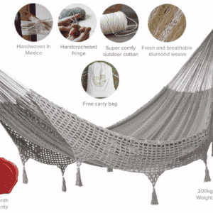 Outdoor undercover cotton Mayan Legacy hammock with hand crocheted tassels Queen Size Dream Sands