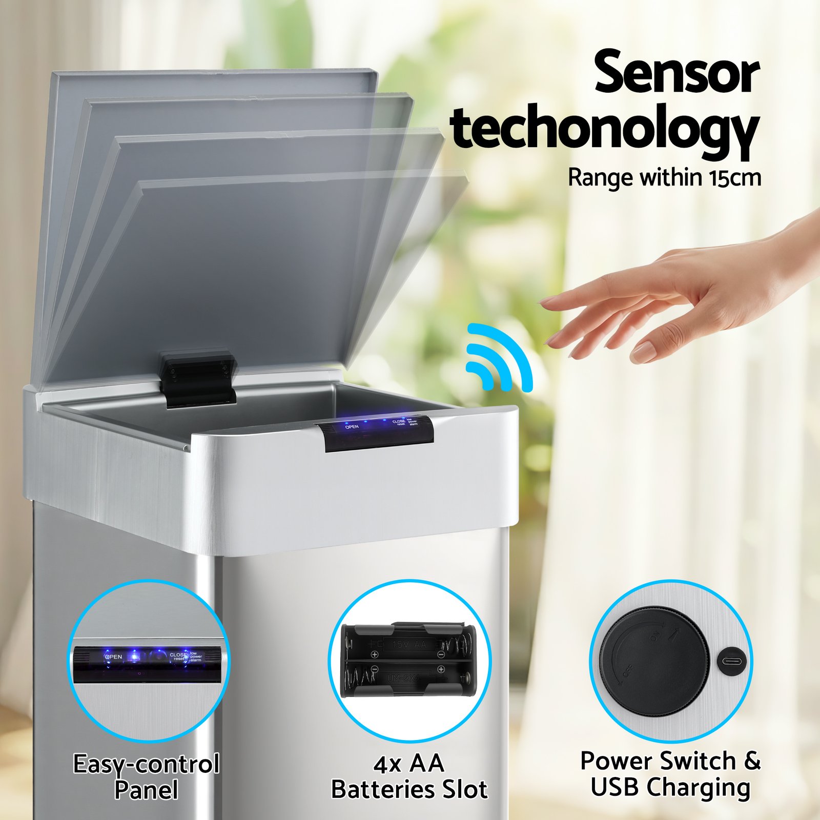 Devanti 50L Motion Sensor Bin Rubbish Bins Kitchen Automatic Trash Can Silver - SB-D-50-K250-SI Devanti 50L Motion Sensor Bin Rubbish Bins Kitchen Automatic Trash Can Silver - Image 4