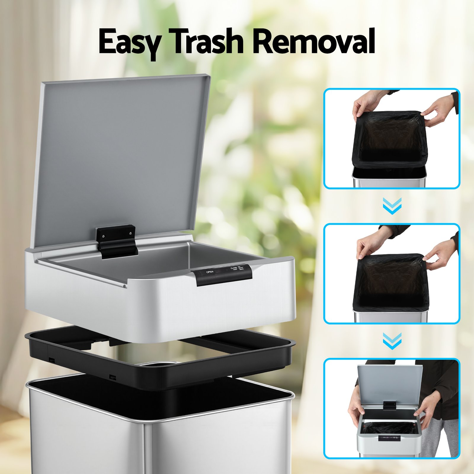 Devanti 50L Motion Sensor Bin Rubbish Bins Kitchen Automatic Trash Can Silver - SB-D-50-K250-SI Devanti 50L Motion Sensor Bin Rubbish Bins Kitchen Automatic Trash Can Silver - Image 5