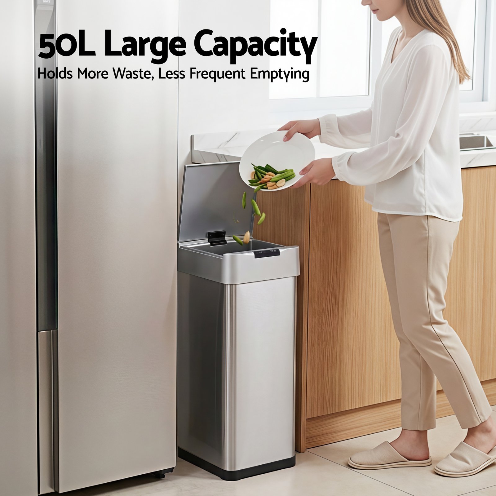 Devanti 50L Motion Sensor Bin Rubbish Bins Kitchen Automatic Trash Can Silver - SB-D-50-K250-SI Devanti 50L Motion Sensor Bin Rubbish Bins Kitchen Automatic Trash Can Silver - Image 6