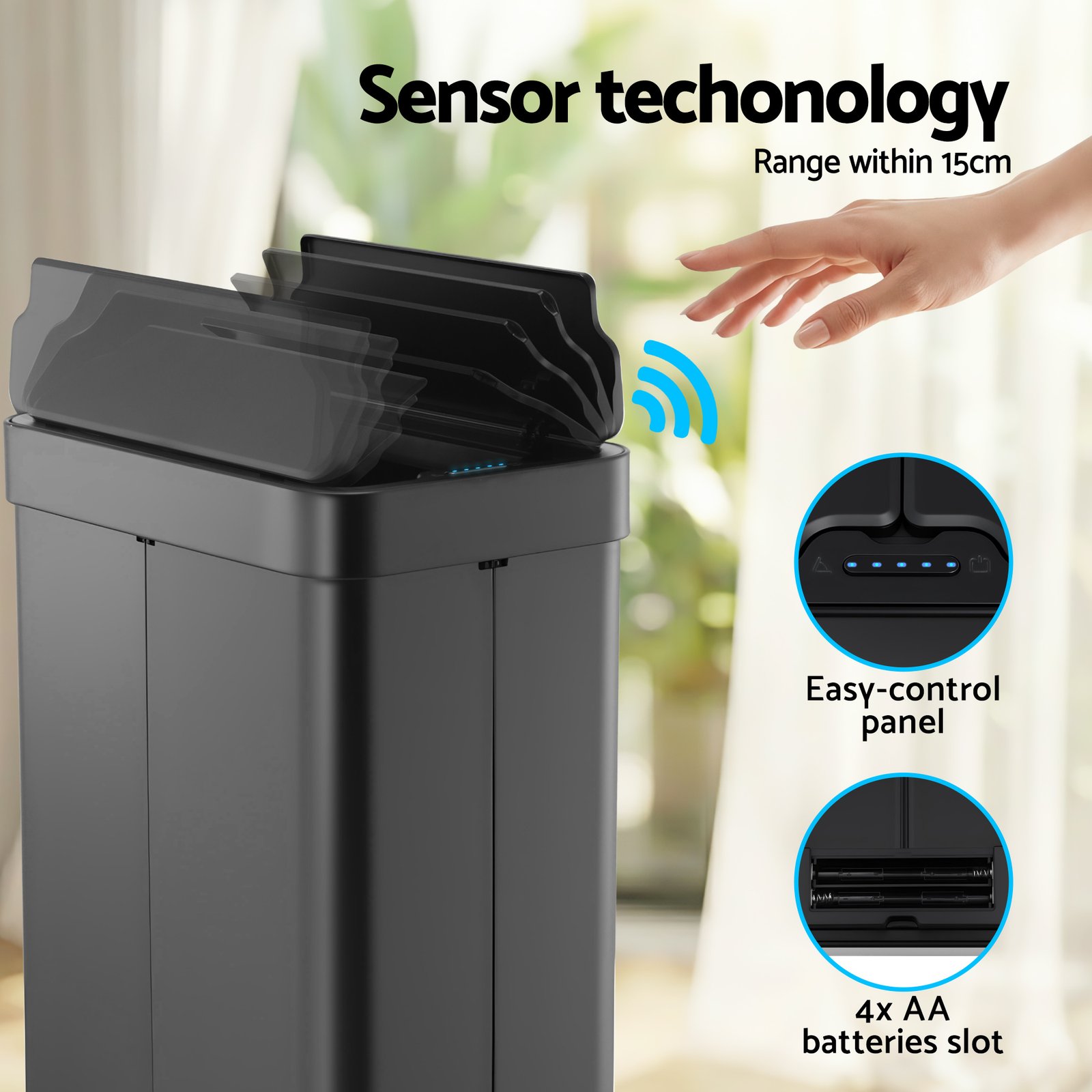 Devanti Rubbish Bin 70L Automatic Sensor Kitchen Bin, Slim Smart Garbage Can Touchless Rectangular with Liner Holder, Fully Closed Lid for Bedroom, Bathroom, Living Room, Black - SB-E-70L-BK Devanti Rubbish Bin 70L Automatic Sensor Kitchen Bin, Slim Smart Garbage Can Touchless Rectangular with Liner Holder, Fully Closed Lid for Bedroom, Bathroom, Living Room, Black - Image 4