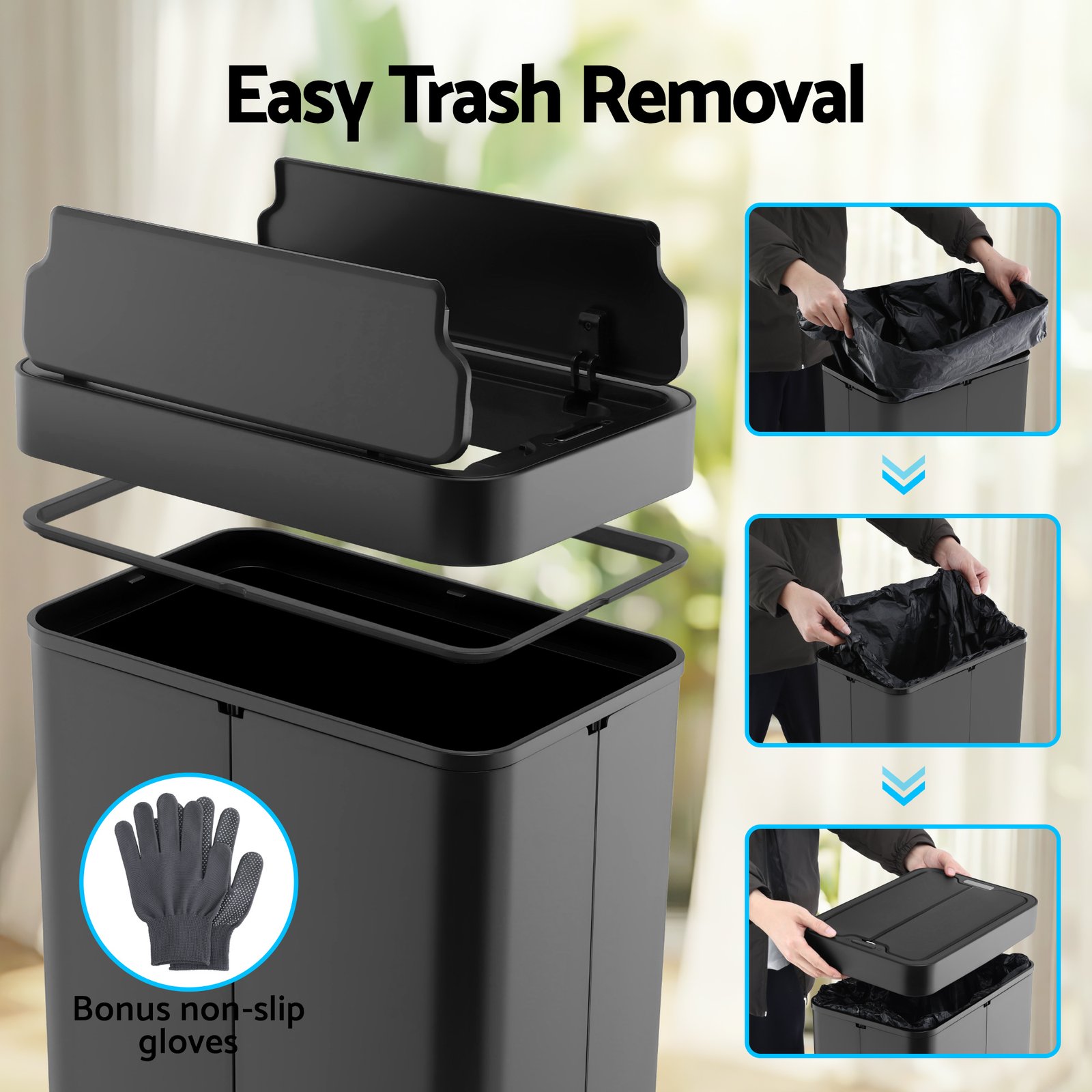 Devanti Rubbish Bin 70L Automatic Sensor Kitchen Bin, Slim Smart Garbage Can Touchless Rectangular with Liner Holder, Fully Closed Lid for Bedroom, Bathroom, Living Room, Black - SB-E-70L-BK Devanti Rubbish Bin 70L Automatic Sensor Kitchen Bin, Slim Smart Garbage Can Touchless Rectangular with Liner Holder, Fully Closed Lid for Bedroom, Bathroom, Living Room, Black - Image 5
