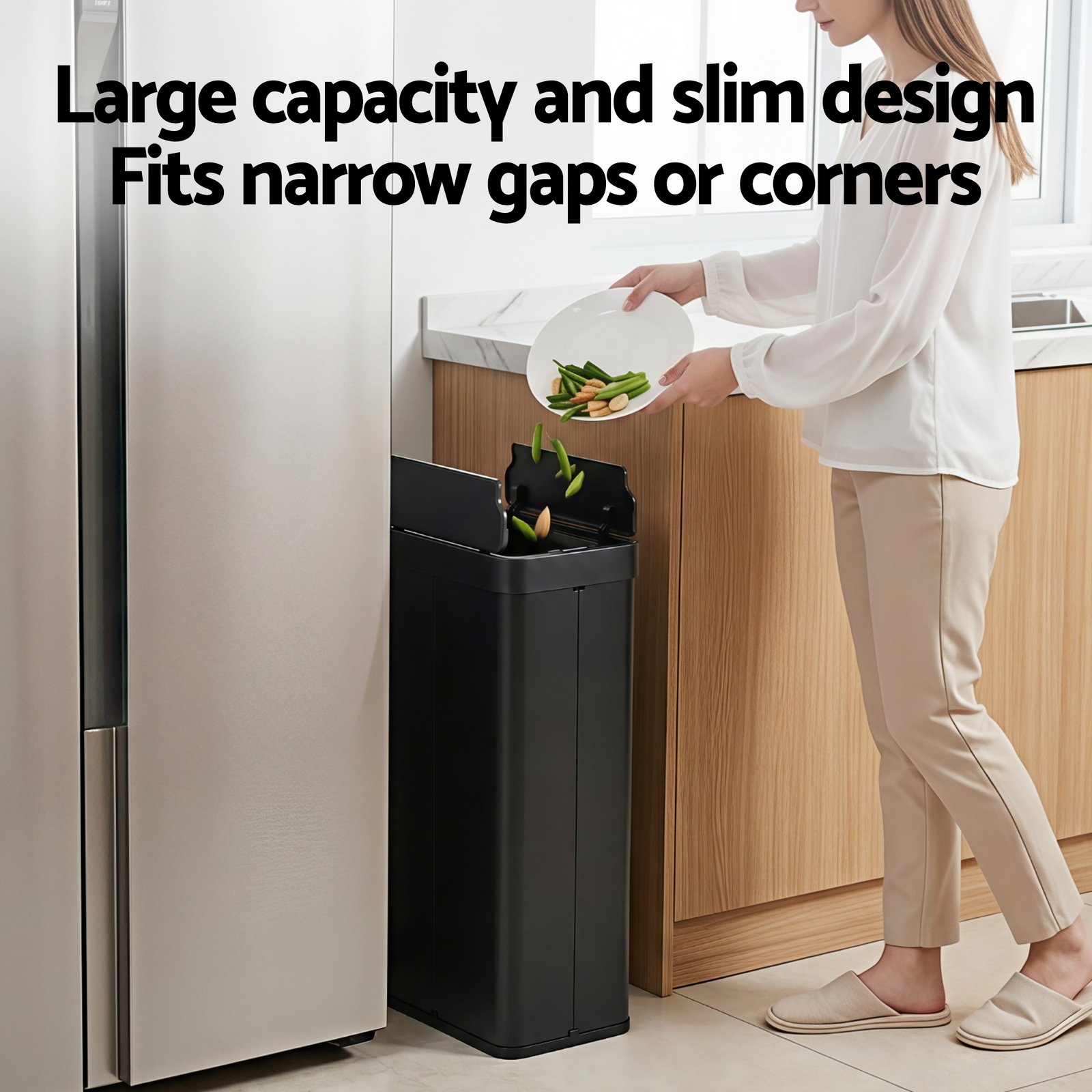 Devanti Rubbish Bin 70L Automatic Sensor Kitchen Bin, Slim Smart Garbage Can Touchless Rectangular with Liner Holder, Fully Closed Lid for Bedroom, Bathroom, Living Room, Black - SB-E-70L-BK Devanti Rubbish Bin 70L Automatic Sensor Kitchen Bin, Slim Smart Garbage Can Touchless Rectangular with Liner Holder, Fully Closed Lid for Bedroom, Bathroom, Living Room, Black - Image 6