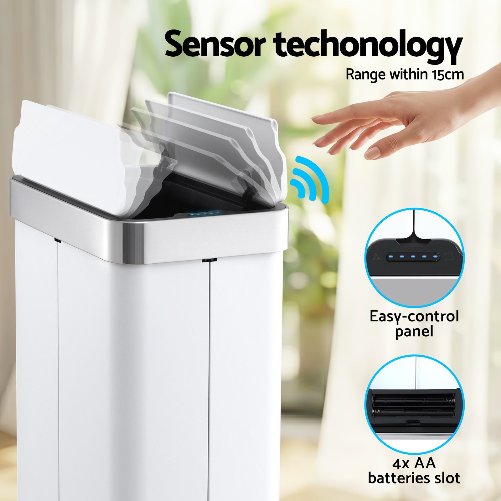 Devanti Rubbish Bin 70L Automatic Sensor Kitchen Bin, Slim Smart Garbage Can Touchless Rectangular with Liner Holder, Fully Closed Lid for Bedroom, Bathroom, Living Room, White - SB-E-70L-WH Devanti Rubbish Bin 70L Automatic Sensor Kitchen Bin, Slim Smart Garbage Can Touchless Rectangular with Liner Holder, Fully Closed Lid for Bedroom, Bathroom, Living Room, White - Image 4