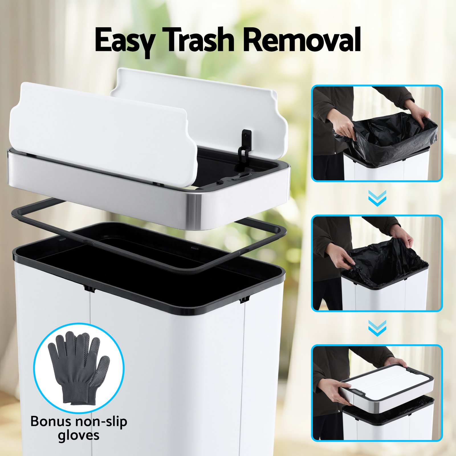 Devanti Rubbish Bin 70L Automatic Sensor Kitchen Bin, Slim Smart Garbage Can Touchless Rectangular with Liner Holder, Fully Closed Lid for Bedroom, Bathroom, Living Room, White - SB-E-70L-WH Devanti Rubbish Bin 70L Automatic Sensor Kitchen Bin, Slim Smart Garbage Can Touchless Rectangular with Liner Holder, Fully Closed Lid for Bedroom, Bathroom, Living Room, White - Image 5