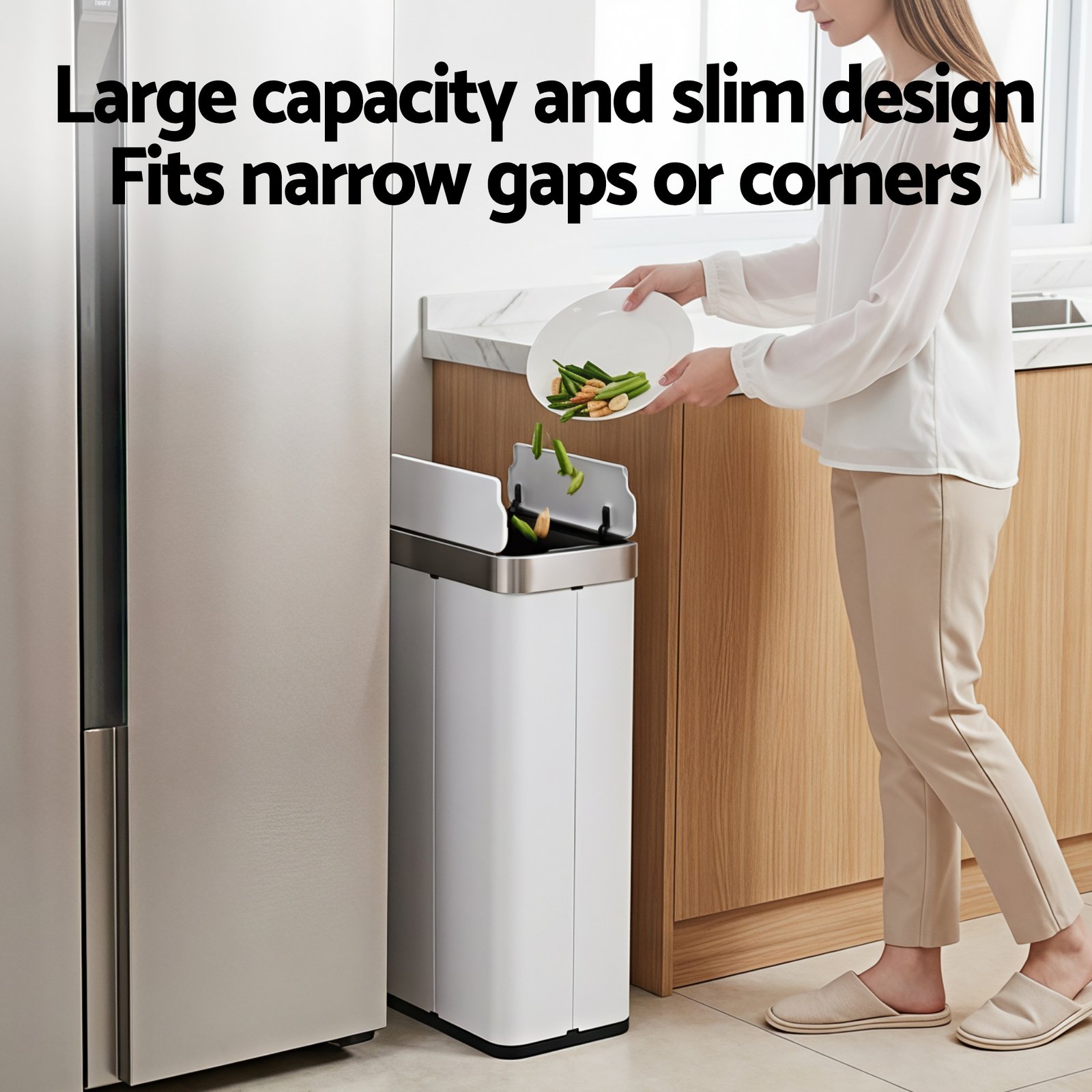 Devanti Rubbish Bin 70L Automatic Sensor Kitchen Bin, Slim Smart Garbage Can Touchless Rectangular with Liner Holder, Fully Closed Lid for Bedroom, Bathroom, Living Room, White - SB-E-70L-WH Devanti Rubbish Bin 70L Automatic Sensor Kitchen Bin, Slim Smart Garbage Can Touchless Rectangular with Liner Holder, Fully Closed Lid for Bedroom, Bathroom, Living Room, White - Image 6