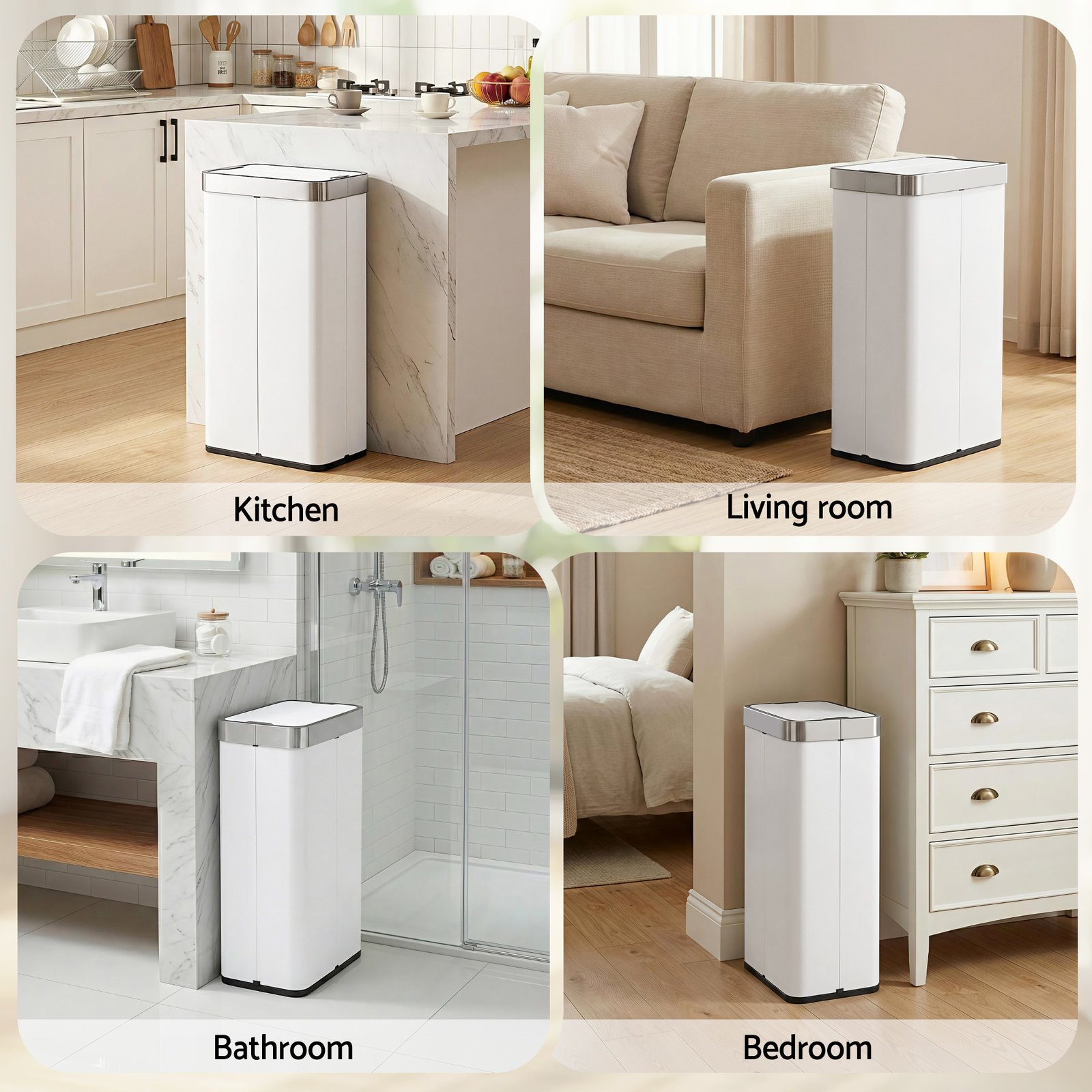 Devanti Rubbish Bin 70L Automatic Sensor Kitchen Bin, Slim Smart Garbage Can Touchless Rectangular with Liner Holder, Fully Closed Lid for Bedroom, Bathroom, Living Room, White - SB-E-70L-WH Devanti Rubbish Bin 70L Automatic Sensor Kitchen Bin, Slim Smart Garbage Can Touchless Rectangular with Liner Holder, Fully Closed Lid for Bedroom, Bathroom, Living Room, White - Image 7