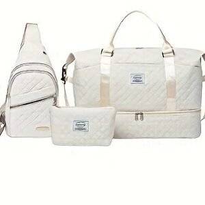 Women’s 3-Piece Travel Bag Set – Large Duffel, Crossbody Backpack & Toiletry Pouch for Gym, Maternity and Weekend Getaways (White) | Other Colors Available in Store
