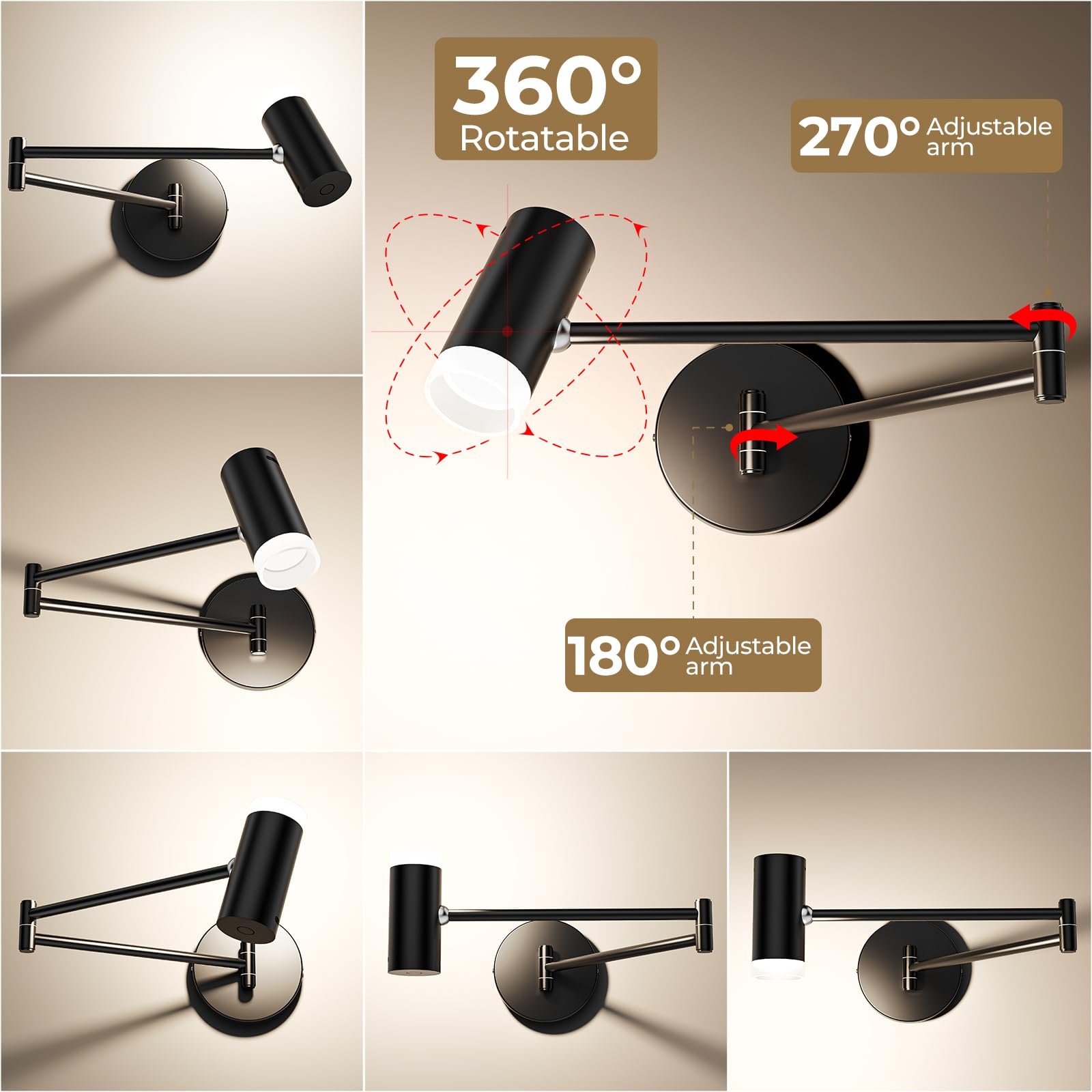 Battery Operated Wall Sconces Set of 2, Swing Arm Wall Lamp with Remote Control, Not Hardwired Led Wall Lamp Fixtures Dimmable Wall Light Decor for Bedroom Reading Living Room - V1171-CB-SA-CWL-CCT-2 Battery Operated Wall Sconces Set of 2, Swing Arm Wall Lamp with Remote Control, Not Hardwired Led Wall Lamp Fixtures Dimmable Wall Light Decor for Bedroom Reading Living Room - Image 6