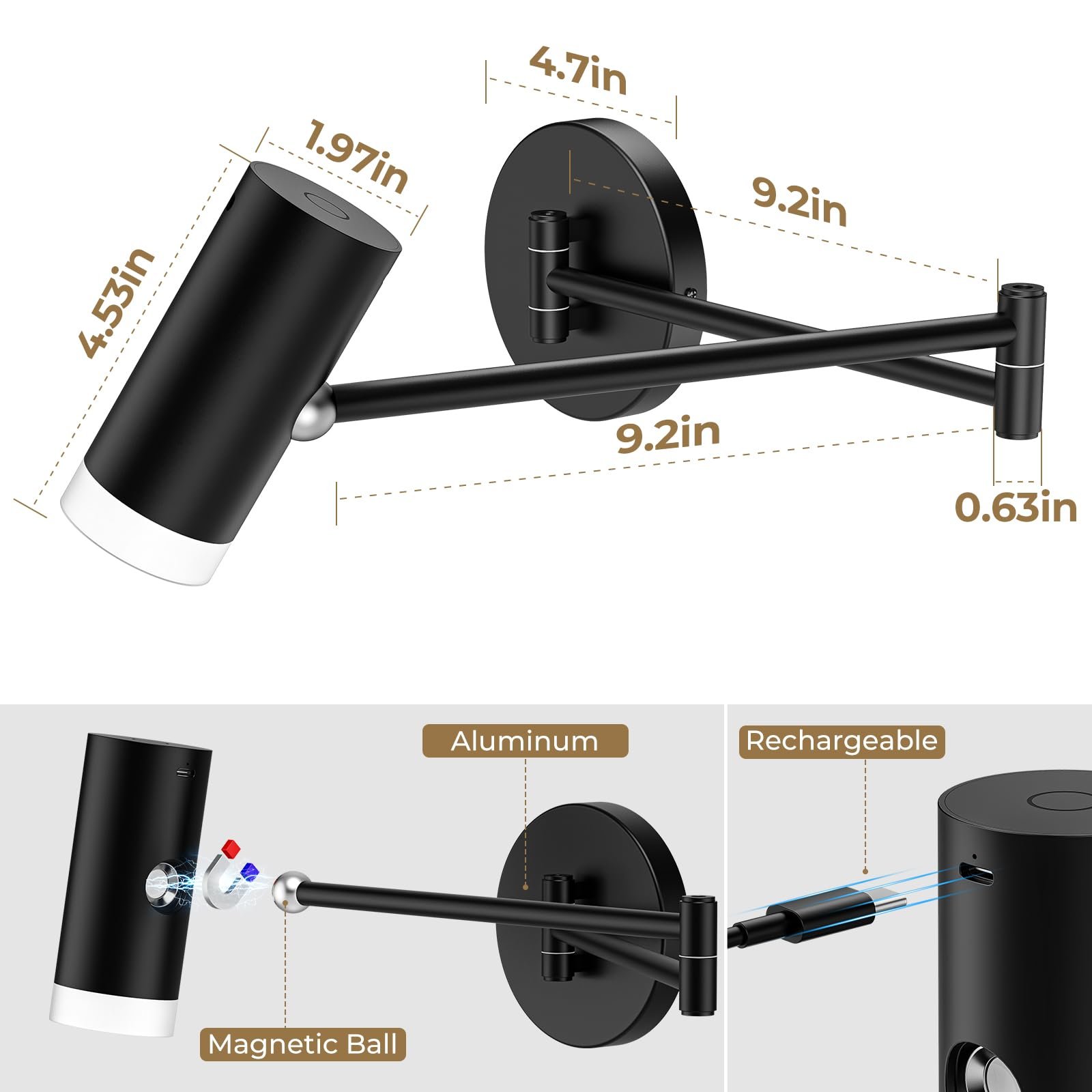 Battery Operated Wall Sconces Set of 2, Swing Arm Wall Lamp with Remote Control, Not Hardwired Led Wall Lamp Fixtures Dimmable Wall Light Decor for Bedroom Reading Living Room - V1171-CB-SA-CWL-CCT-2 Battery Operated Wall Sconces Set of 2, Swing Arm Wall Lamp with Remote Control, Not Hardwired Led Wall Lamp Fixtures Dimmable Wall Light Decor for Bedroom Reading Living Room - Image 8