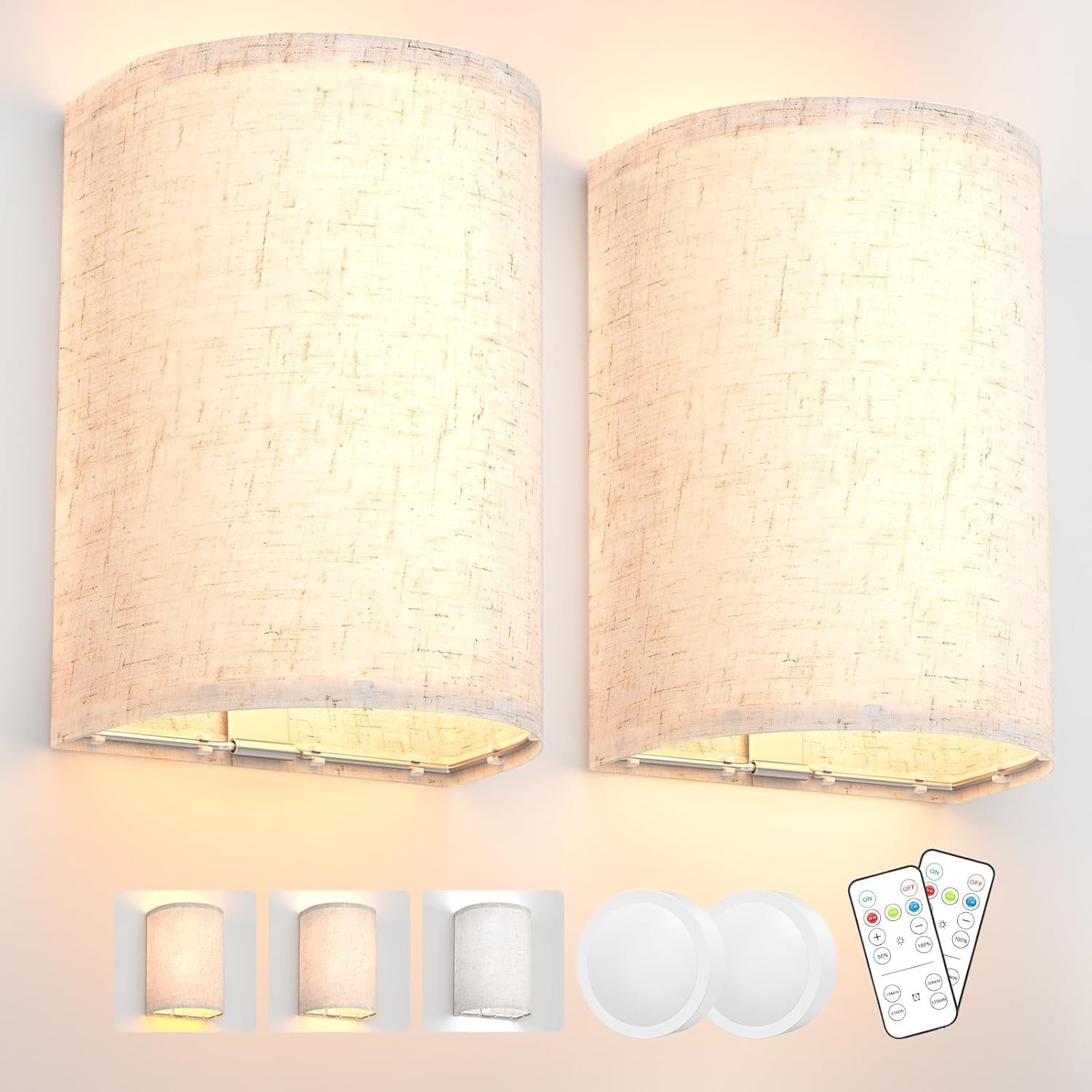Battery Operated Wall Lights,2 Pack Wall Light Decor with Remote Control,3 Colors Dimmable Fabric Shade Wall Lamps,Wireless Sconce Wall Lights for Farmhouse Sconces Wall Lighting 2700K-6000K