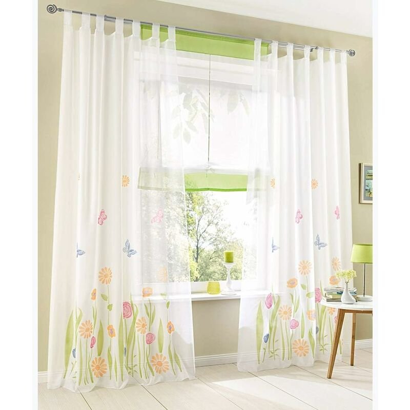 2 pcs Set Sheer Curtains With Tab Top - Floral Printed Voile Curtain - Window Treatment For Bedroom, Living ROom, Kids