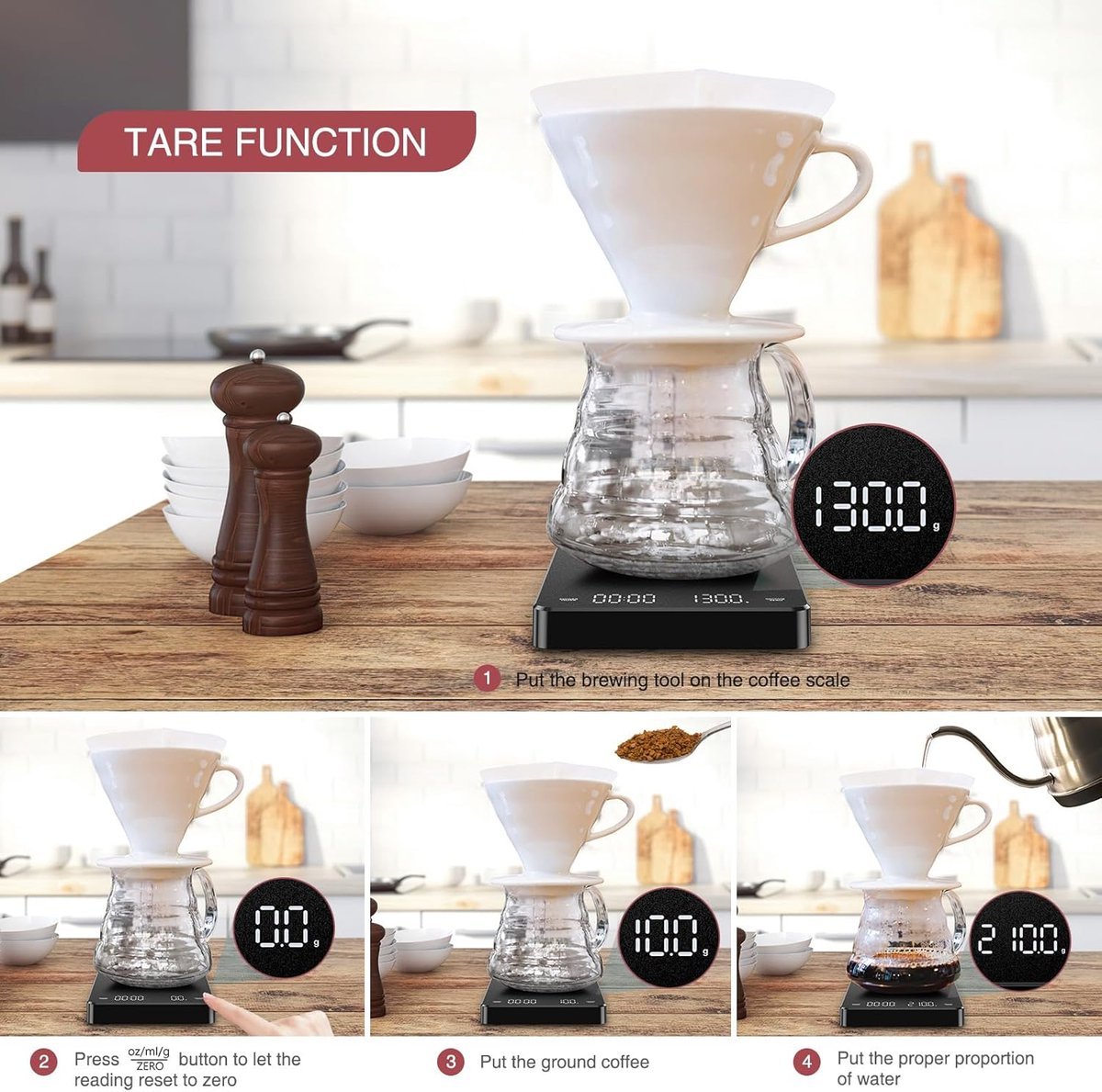 Coffee Scale - Digital Coffee Scale with Timer - Rechargeable for Filter Coffee, 3 kg / 0 g Digital Espresso Scale - with Peeling Function - 3 Units, LED Display - Black - V1188-MS-313-0244 Coffee Scale - Digital Coffee Scale with Timer - Rechargeable for Filter Coffee, 3 kg / 0 g Digital Espresso Scale - with Peeling Function - 3 Units, LED Display - Black - Image 2