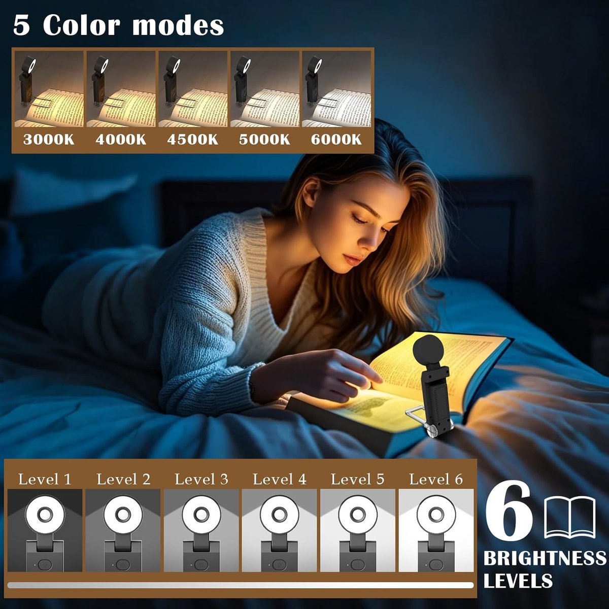 Reading light for books - For bed - With clip - Rechargeable - 5 settings - Bedside lamp - Black - V1188-MS-313-0527 Reading light for books - For bed - With clip - Rechargeable - 5 settings - Bedside lamp - Black - Image 4