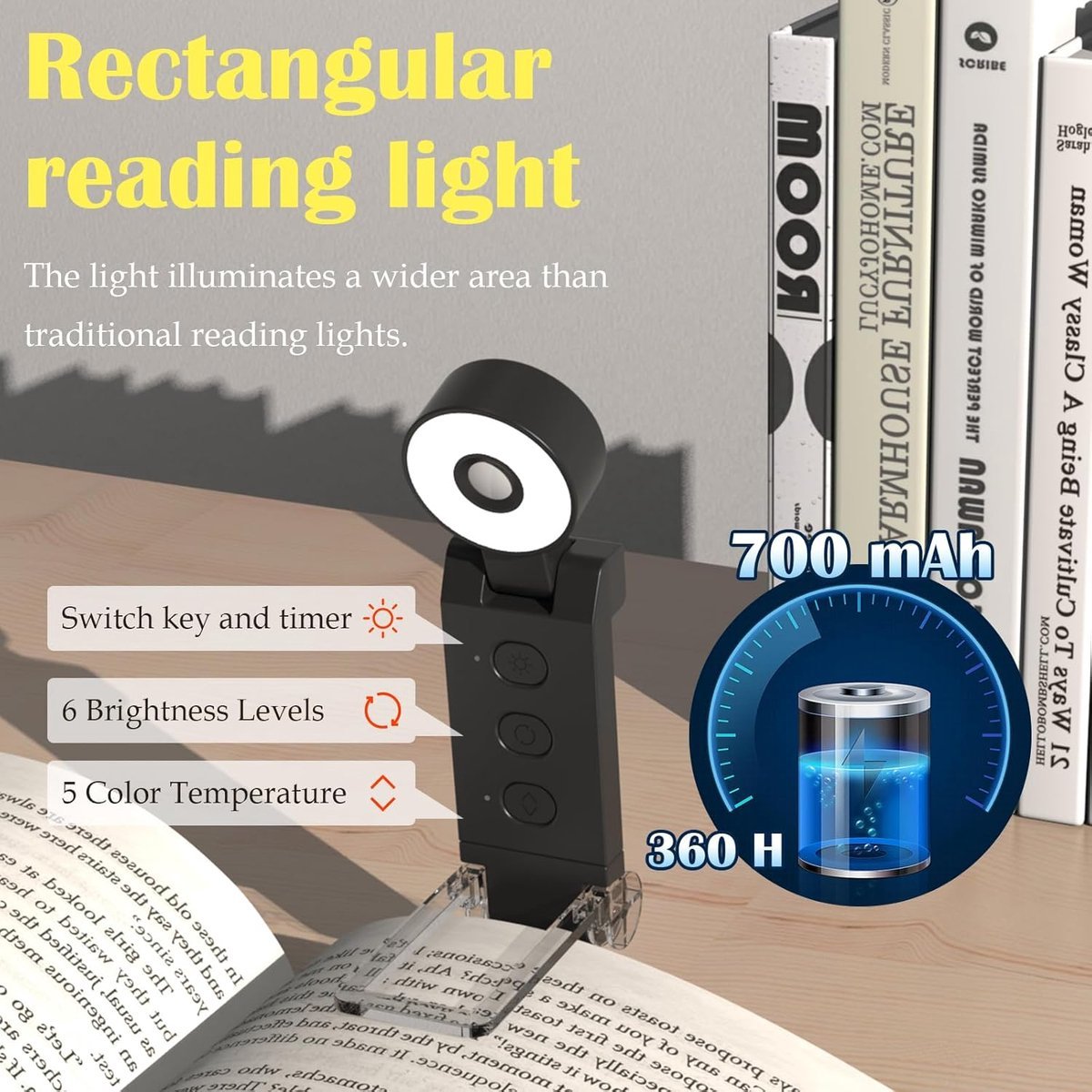 Reading light for books - For bed - With clip - Rechargeable - 5 settings - Bedside lamp - Black - V1188-MS-313-0527 Reading light for books - For bed - With clip - Rechargeable - 5 settings - Bedside lamp - Black - Image 7