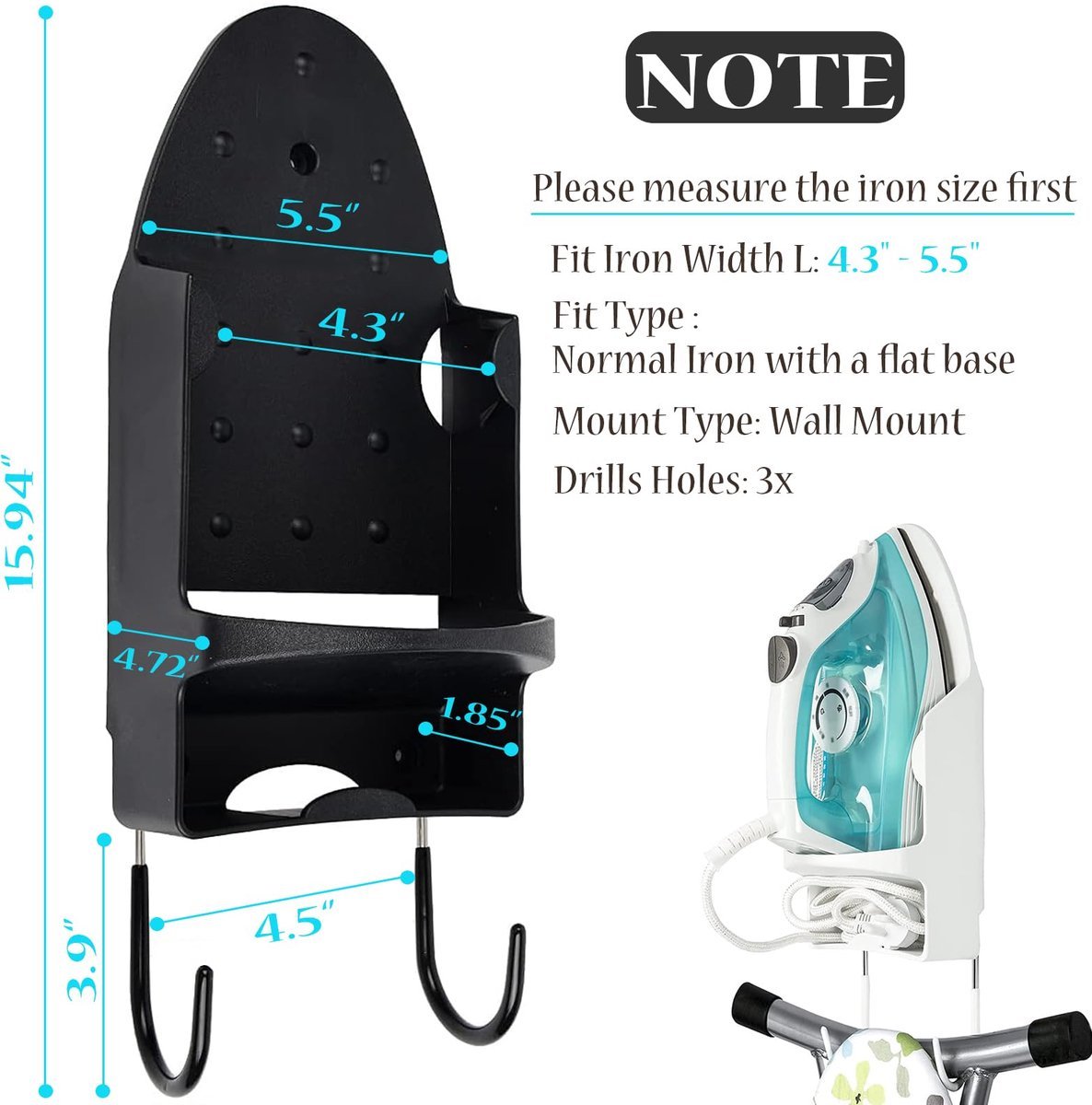 Ironing board and iron holder - Wall-mounted iron - Suspension system for your ironing board AND iron - Simple ironing board holder - 308*148*106mm - Black - V1188-MS-313-0536 Ironing board and iron holder - Wall-mounted iron - Suspension system for your ironing board AND iron - Simple ironing board holder - 308*148*106mm - Black - Image 2