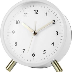 Silent Alarm Clock with Night Light and Backlight, White Metal Clock for Bedrooms and Travel