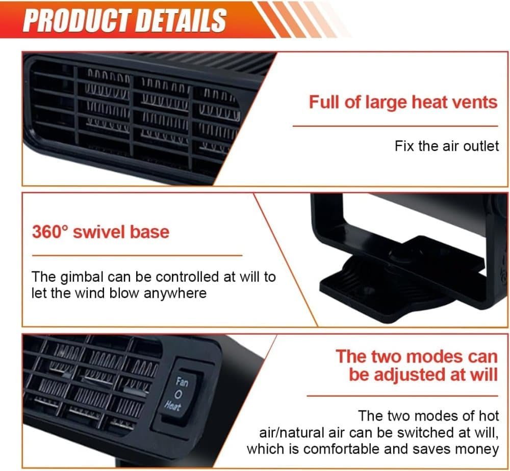 12V 200W Portable Car Heater and Fan 2-in-1 with 360° Rotation, Fast Defrosting and Windshield Demisting, Black - V1188-MS-325-0082 12V 200W Portable Car Heater and Fan 2-in-1 with 360° Rotation, Fast Defrosting and Windshield Demisting, Black - Image 3
