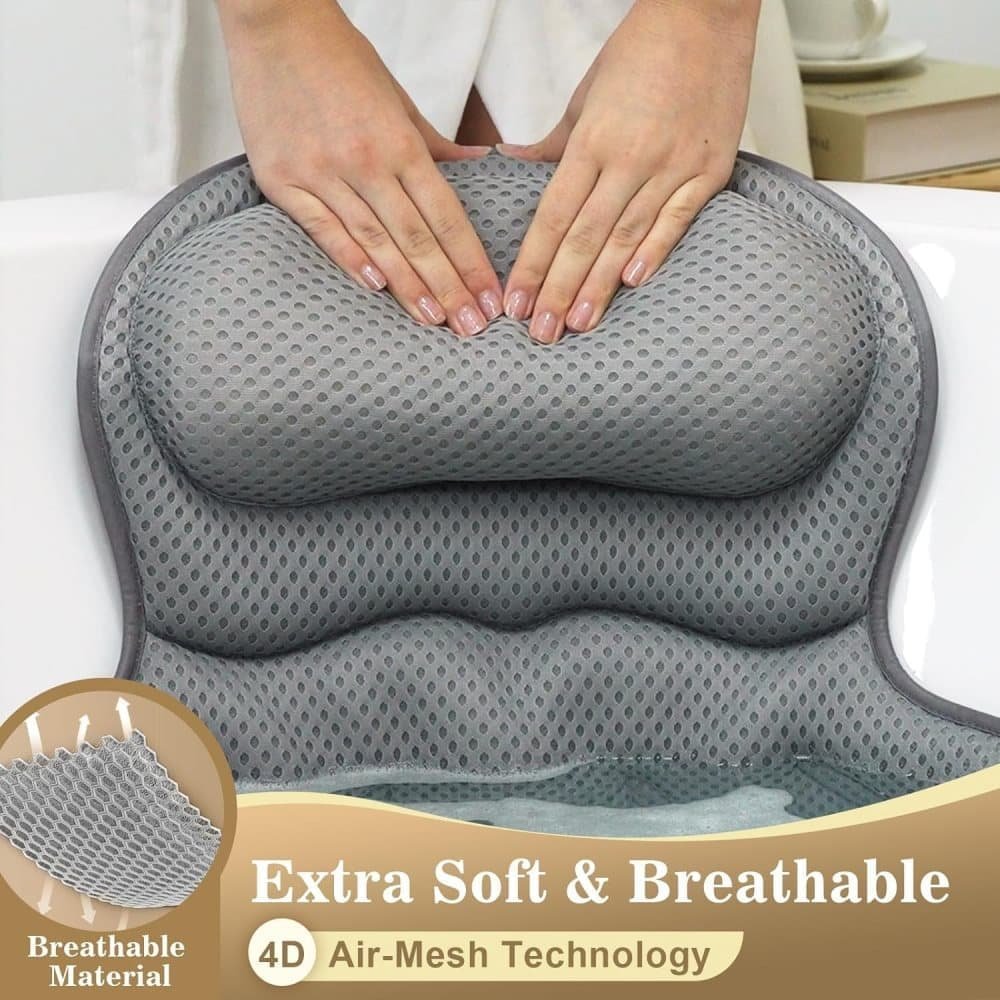 6 Suction Cups Bathtub Cushion with Ergonomic Neck and Back Support 4D Air Mesh, Gray - V1188-MS-325-0225 6 Suction Cups Bathtub Cushion with Ergonomic Neck and Back Support 4D Air Mesh, Gray - Image 2