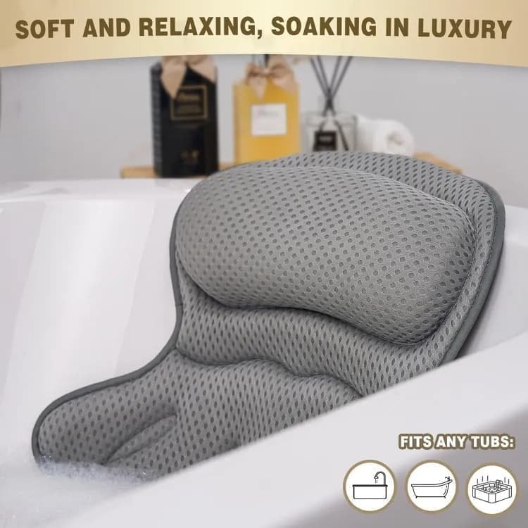 6 Suction Cups Bathtub Cushion with Ergonomic Neck and Back Support 4D Air Mesh, Gray - V1188-MS-325-0225 6 Suction Cups Bathtub Cushion with Ergonomic Neck and Back Support 4D Air Mesh, Gray - Image 5