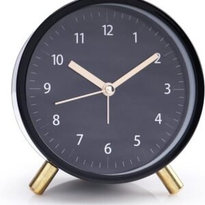 Silent Alarm Clock with Night Light and Backlight, Small Metal Clock for Bedroom Office Living Room, Black