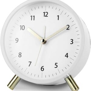 White Silent Alarm Clock with Night Light and Backlight, Small Metal Clock for Bedroom Office Living Room, 3.5 inches